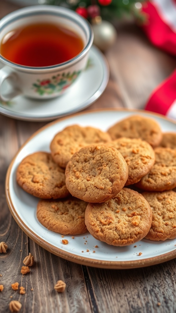30-Minute Thin and Crispy Gingersnap Cookies Recipe A plate of crispy gingersnap cookies with a cup of tea on a wooden table, decorated for the holidays.